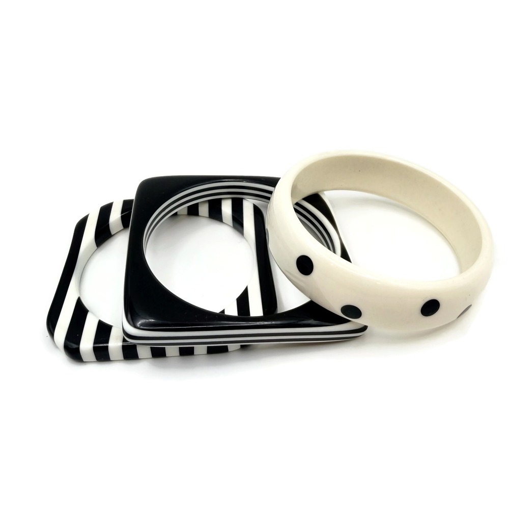 Vintage Bangle Bracelet Set of 3 Petite Stack Black White Polka Dot Striped Mod - Picture 2 of 9